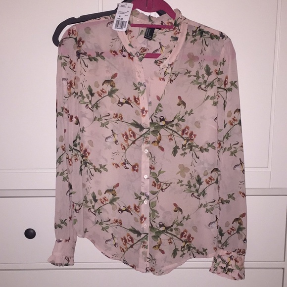 Tops - Dusty pink blouse flowers and birds